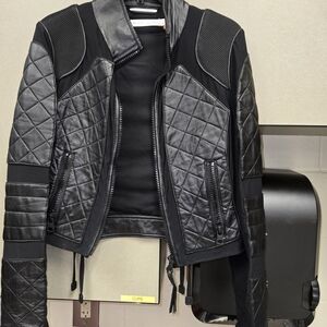 Blanc Noir Black Quilted Leather Bomber Jacket Women Size L